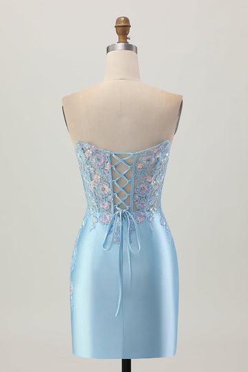 Light Blue Bodycon Strapless Corset Ruched Sequins Short Homecoming Dress